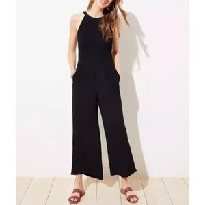 LOFT Smocked Halter Jumpsuit Black Wide Leg Cropped Vacation Casual Size 2P